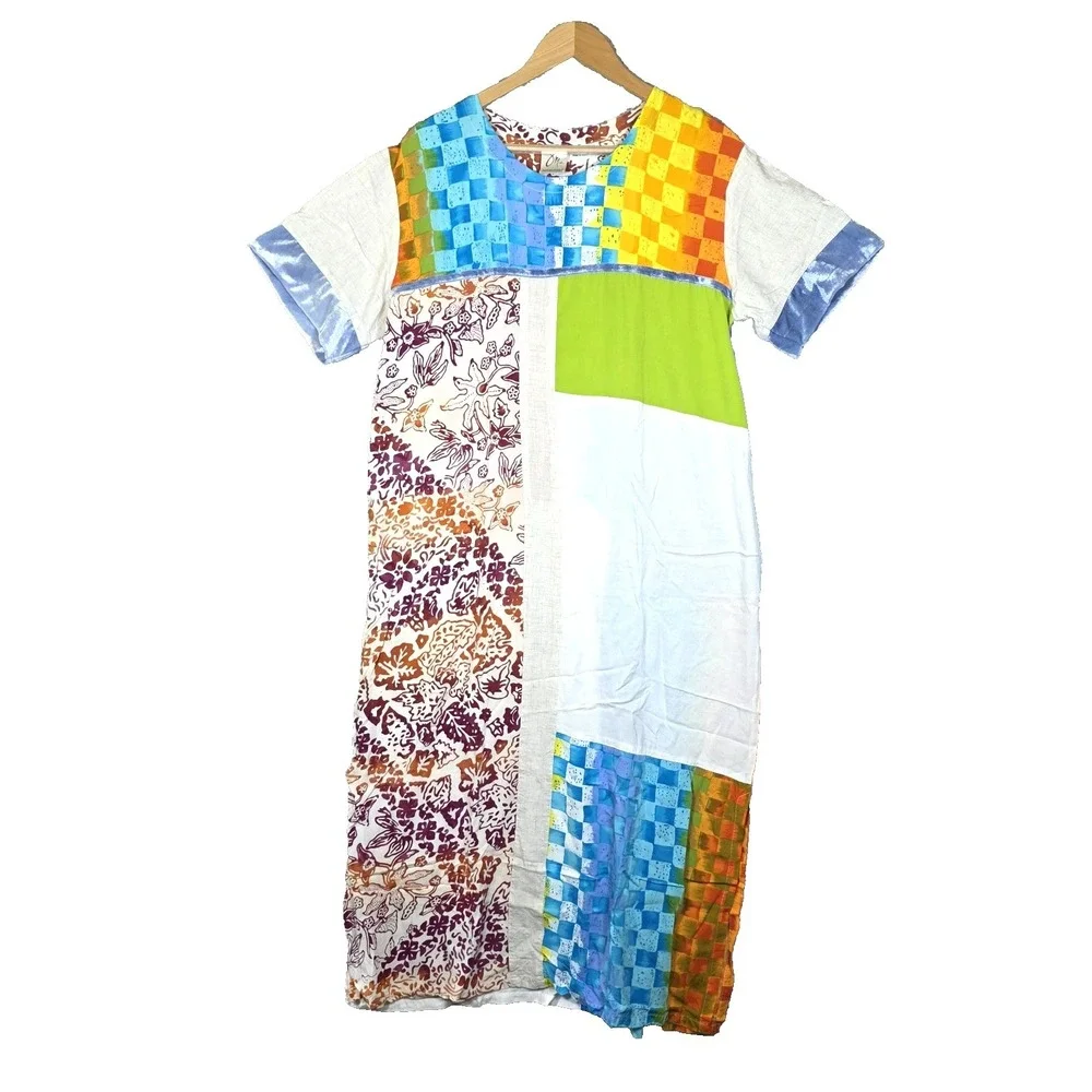 VTG‎ George Miko 2 Bali Emerald Patchwork Dress Rayon Batik Art To Wear Boho LG